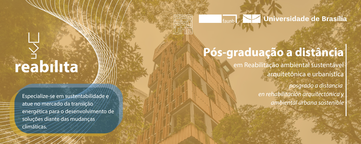 Banner inicial do site com as informações de que o Reabilita é uma especialização a distância, do PPG FAU UnB.
